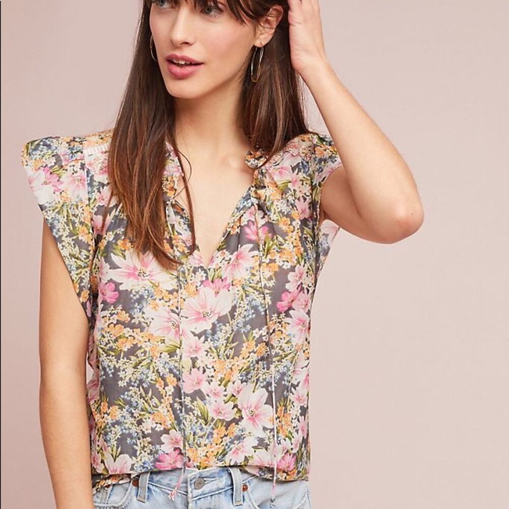 Anthropologie Women's Ranna Gill Emmalyn Floral Embroidered Blouse‎ Size Medium